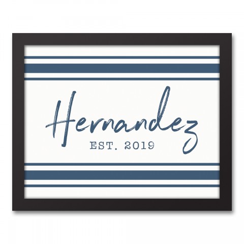Blue Farmhouse Stripes Last Name 11x14 Personalized Black Framed Canvas