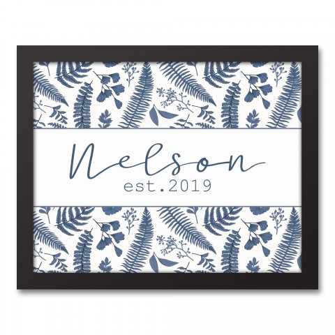 Blue Ferns Last Name 11x14 Personalized Black Framed Canvas