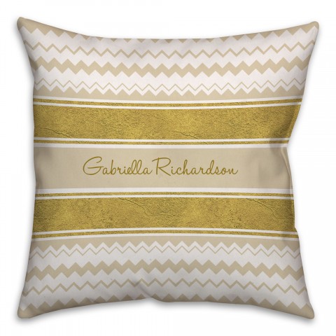 Chevron and Gold Ribbon Custom 18x18 Monogram Spun Polyester Throw Pillow