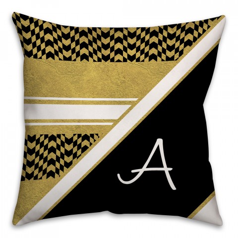 Alternating Gold, Black and White Custom 18x18 Monogram Spun Polyester Throw Pillow