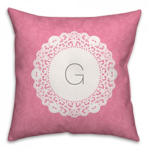 Pink Doily Monogram 16x16 Custom Throw Pillow Front