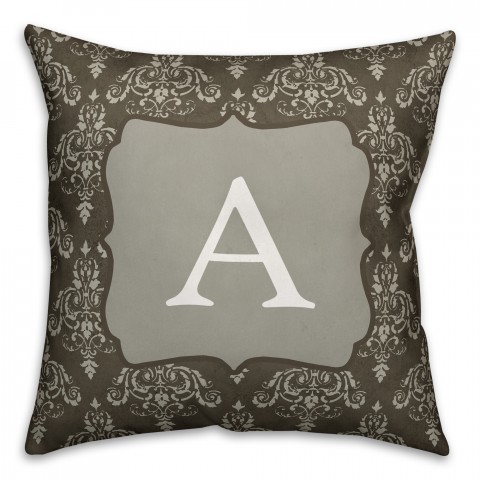 Dark Gray Damask Monogram Pillow