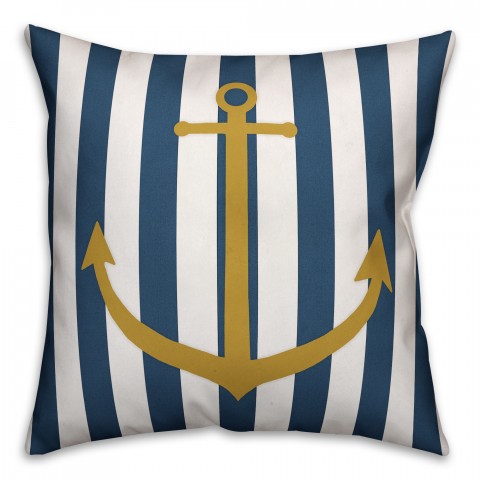Nautical Gold Anchor Blue Striped 18x18 Faux Suede Pillow