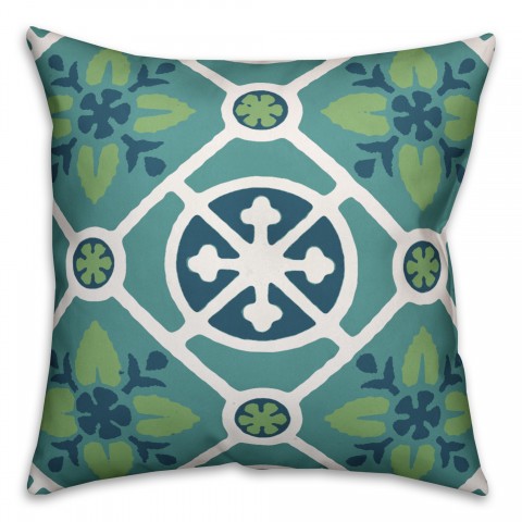 Blue and Green Floral Print 18x18 Faux Suede Pillow