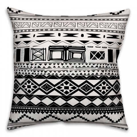 Black and White Boho Tribal I 18x18 Faux Suede Throw Pillow Front
