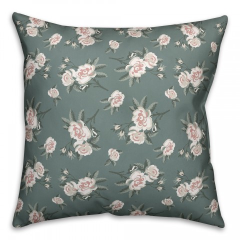 Peach Peony on Sage Ground 18x18 Faux Suede Throw Pillow Front