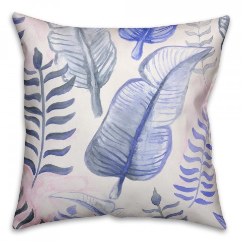Blue Tropical Leaves 18x18 Faux Suede Pillow Front