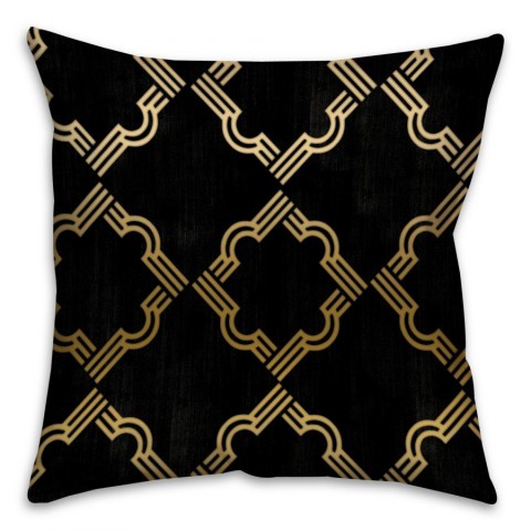 Black And Gold Quatrefoil Spun Polyester Throw Pillow