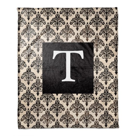 Black Damask Personalized Monogram Coral Fleece Blanket – 50x60