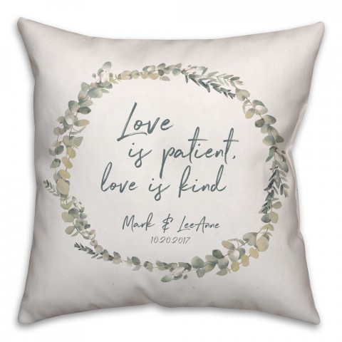 Personalized Name and Date Love is Patient Wreath 18x18 Personalized Spun Poly Pillow