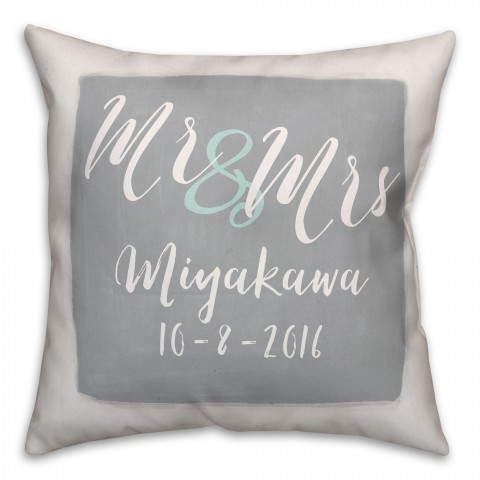 Personalized Name and Date Gray Mr. & Mrs. 18x18 Personalized Spun Poly Pillow