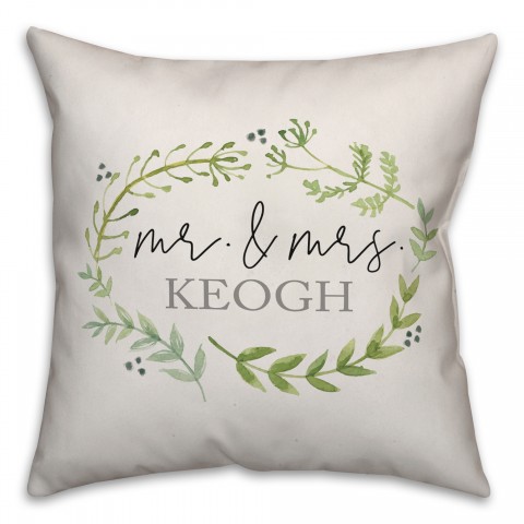 Watercolor Greenery Wreath 18x18 Personalized Spun Poly Pillow