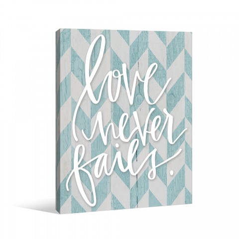 Love Never Fails Blue Herringbone Canvas Wall Art 
