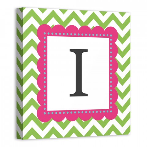 Green And Pink Chevron Monogram 12x12 Personalized Canvas Wall Art