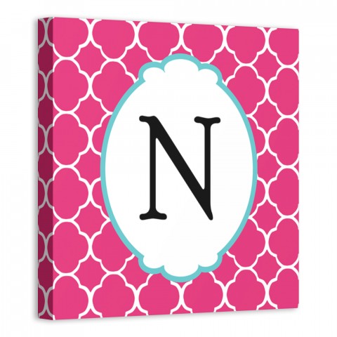 Pink Juvie Quatrefoil Monogram 12x12 Personalized Canvas Wall Art