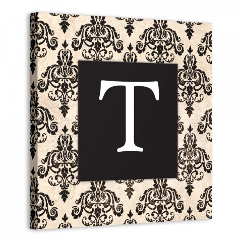 Black Damask Monogram 16x16 Personalized Canvas Wall Art 