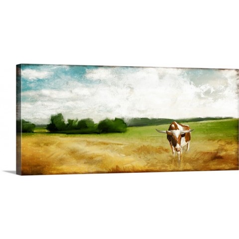 Brown Cow In Field Gallery Wrapped Canvas 48x12