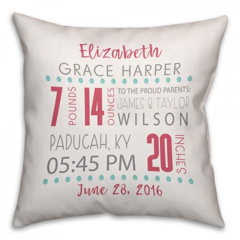 Pink Birth Announcement 16x16 Throw Pillow Front