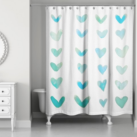 Teal Watercolor Hearts 71x74 Shower Curtain