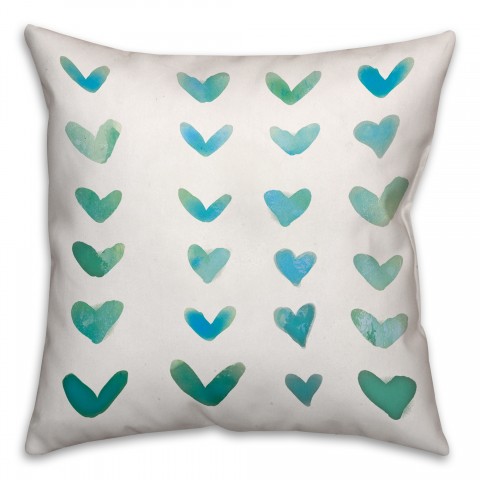 Teal Watercolor Hearts 16x16 Throw Pillow