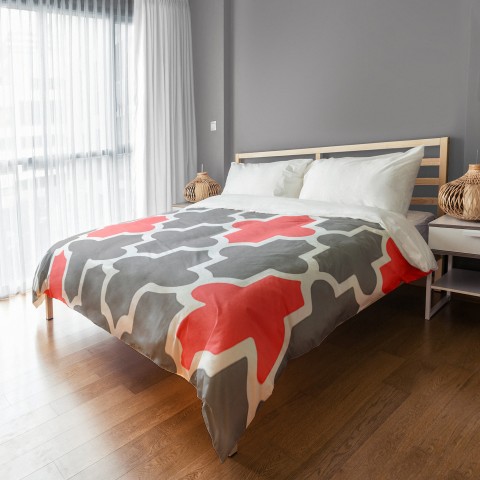Coral And Grey Quatrefoil Duvet Cover