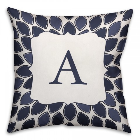 Monogram Blue Leaves Pattern 18x18 Faux Suede Throw Pillow
