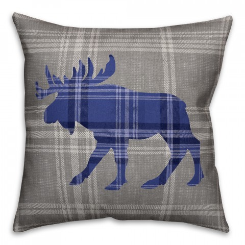 Gray and Blue Glen Plaid Moose 18x18 Faux Suede Throw Pillow