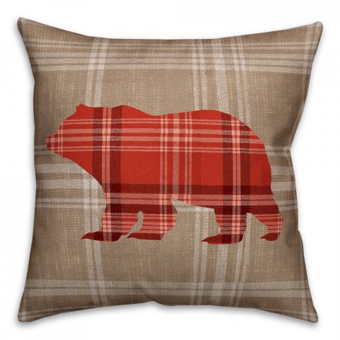 Taupe and Red Glen Plaid Bear 18x18 Faux Suede Throw Pillow