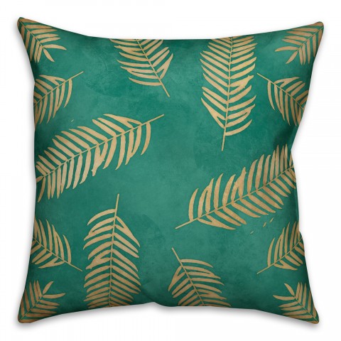 Gold Palm Leaves 18x18 Teal Faux Suede Throw Pillow