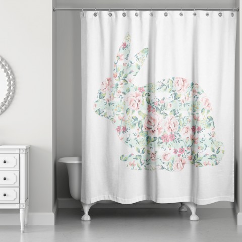 Mint Floral Tranquil Rabbit 71x74 Shower Curtain