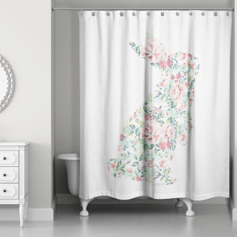 Mint Floral Curious Rabbit 71x74 Shower Curtain