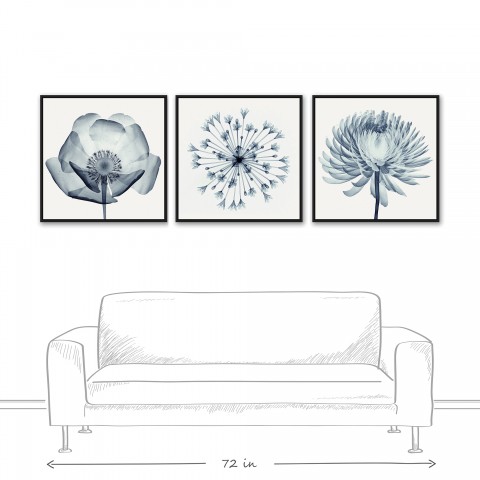 Blue X-Ray Flowers 36x36 Black Floating Frame Canvas Set