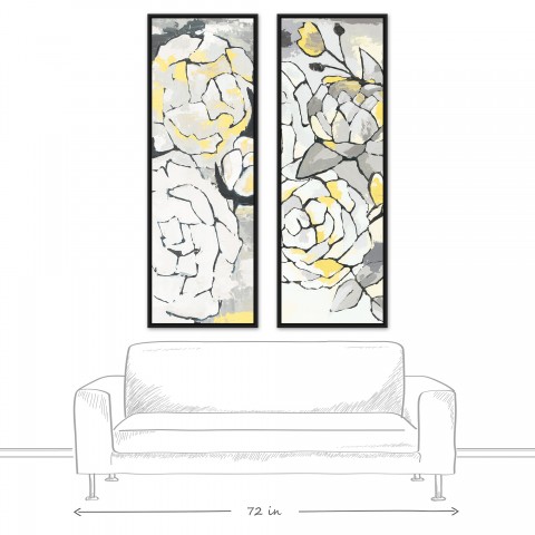 Yellow and Gray Flower Panel 20x60 Black Floating Frame Canvas Set