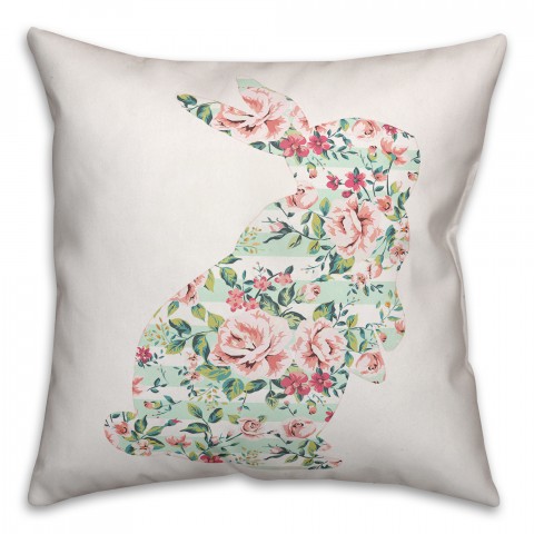 Mint Floral Curious Rabbit 18x18 Throw Pillow