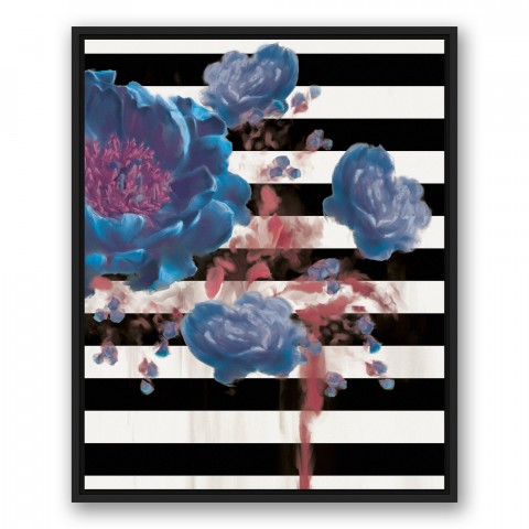 Blue Flower on Black and White Stripes I 24x30 Black Floating Framed Canvas