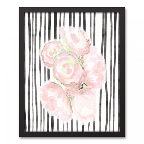 Blush Roses on Black and White Stripes 16x20 Black Framed Canvas