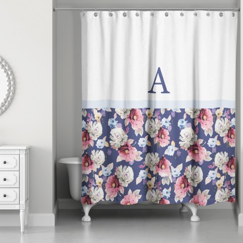 Navy Floral Monogrammed Shower Curtain