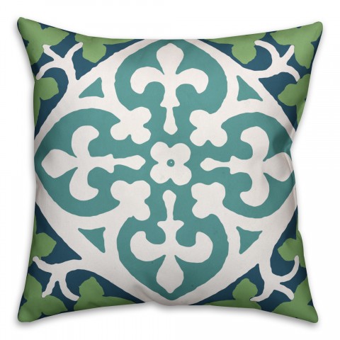 Blue and Green Leaves Pattern  Outdoor Throw Pillow