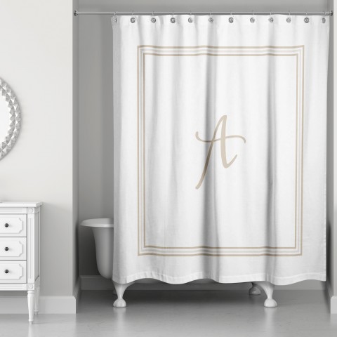 71 in. W x 74 in. L Beige and White Monogrammed Fabric Shower Curtain