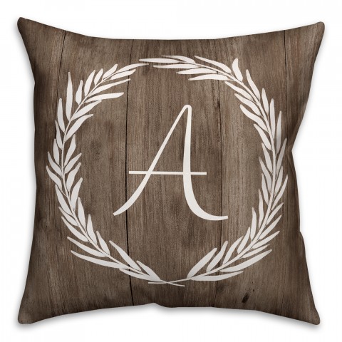 Faux Wood White Wreath - Monogram 18x18 Spun Poly Pillow