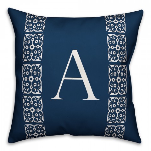 Navy with White Lace Pattern - Monogram 18x18 Spun Poly Pillow