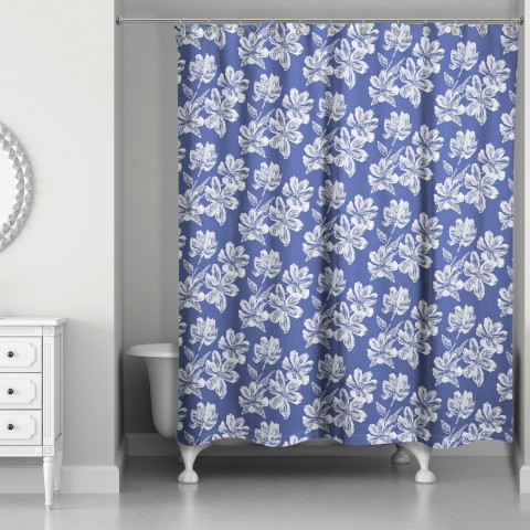 Navy Sketched Florals 71x74 Shower Curtain