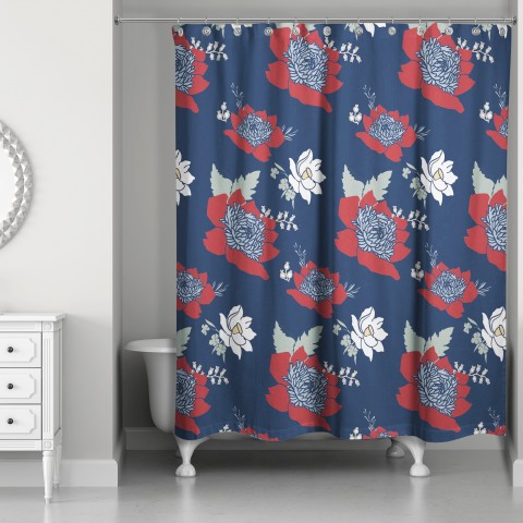 Red and White Blooms 71x74 Shower Curtain