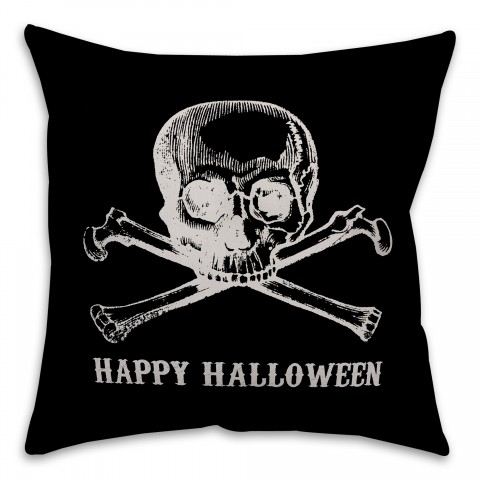 Skull and Crossbones Happy Halloween Pillow