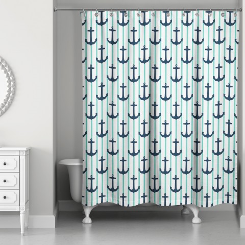 Anchor Stripes Green 71x74 Shower Curtain