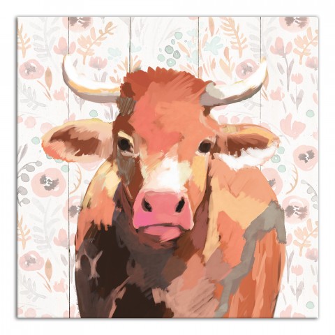 Floral Pink Cow 16x16 Canvas Wall Art