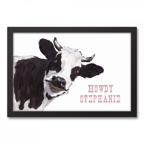 Howdy Cow 12x18 Personalized Black Framed Canvas