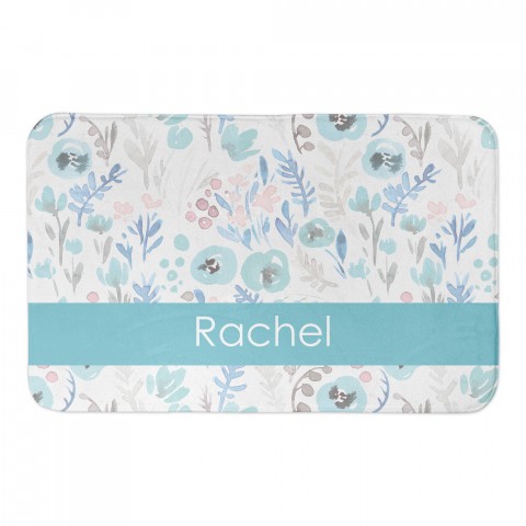 Blue Watercolor Florals 34x21 Personalized Bath Mat