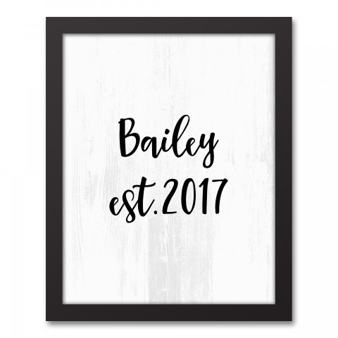 Family Name EST on Gray Wood 11x14 Personalized Black Framed Canvas