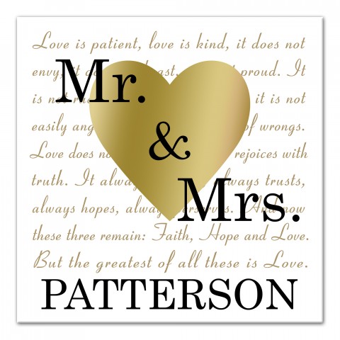 Mr. & Mrs. Love is Patient Heart 16x16 Personalized Canvas Wall Art